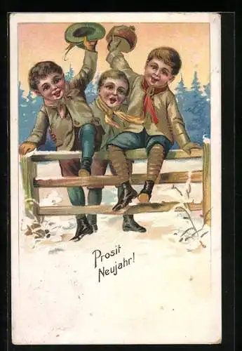 Präge-AK Jungen sitzen auf einem Zaun und begrüssen das Neujahr