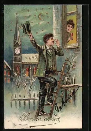 Präge-AK Mann klettert an Neujahr ans Fenster einer Frau