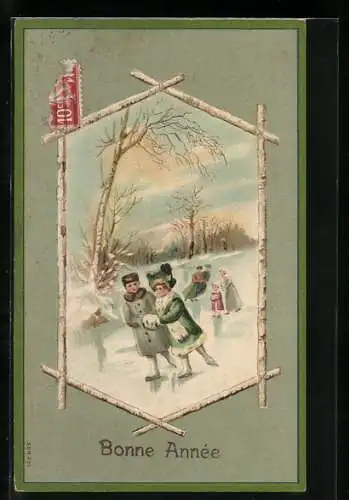 Präge-AK Bonne Année, Schlittschuhläufer auf einem zugefrorenen See