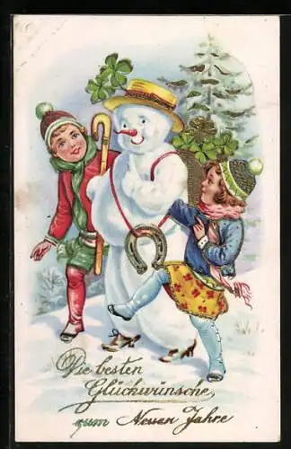 AK Kinder gehen mit Schneemann spazieren, Glückwünsche zum neuen Jahre
