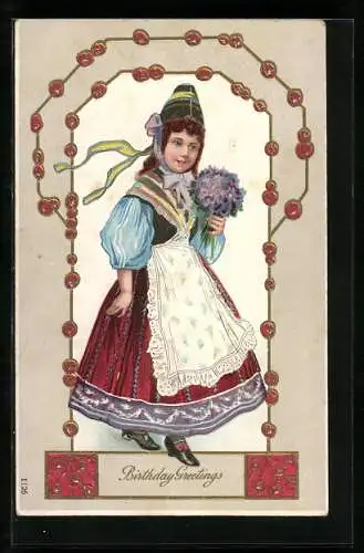 Präge-AK Birthday Greetings, Mädchen in Tracht mit Blumenstrauss