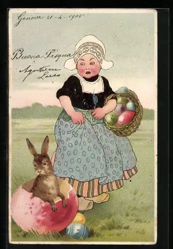 AK Mädchen erschreckt sich vor Osterhasen in Eierschale
