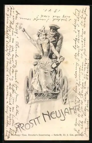 AK Prosit Neujahr, Ein Paar auf Spritztour mit Sektflasche