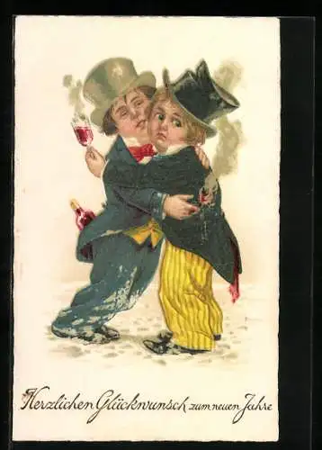 AK Glückwunsch zum neuen Jahre, Zwei Betrunkene umarmen sich