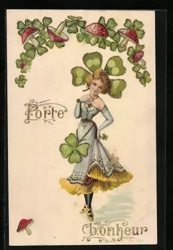 AK Dame mit Kleeblättern und Glückspilzen