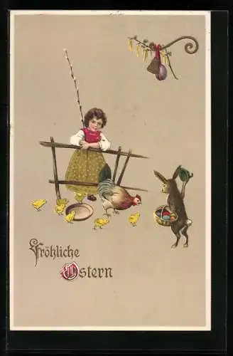 AK Osterhase grüsst Mädchen und Kükenschar, Fröhliche Ostern