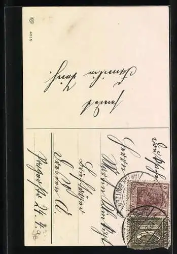 AK Kinder füttern Schweine mit Kleeblättern, Grüsse zum Neujahr