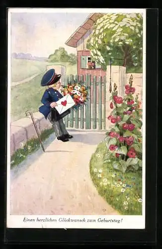 AK Postbote bringt Brief und Blumenstrauss zum Geburtstag