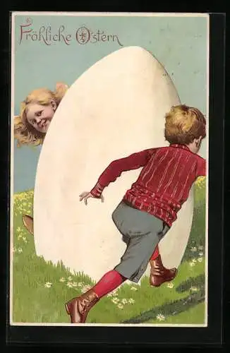 AK Fröhliche Ostern, Zwei Kinder rennen um ein Osterei