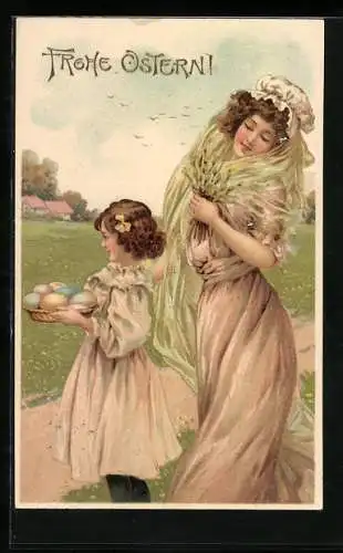 AK Frohe Ostern, Kind mit Osterkorb und junge Dame auf einem Feldweg