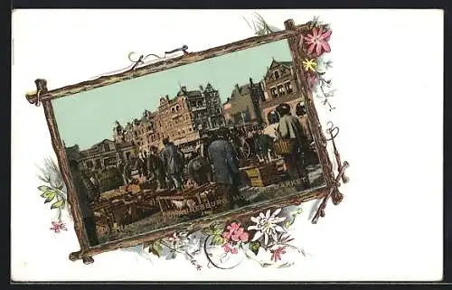 Lithographie Johannesburg, Morning Market, Holzrahmen