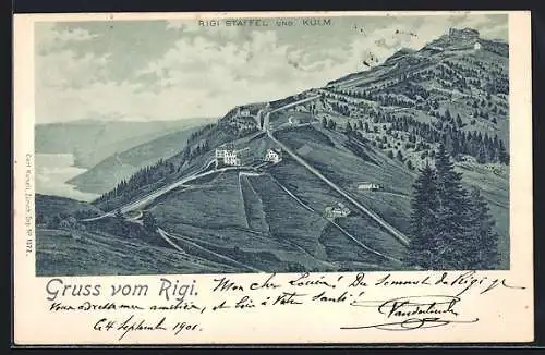 Lithographie Rigi Staffel, Ansicht mit Kulm