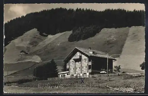 AK Adelboden, Pension-Restaurant Gilbach mit Wiesen und Wäldern