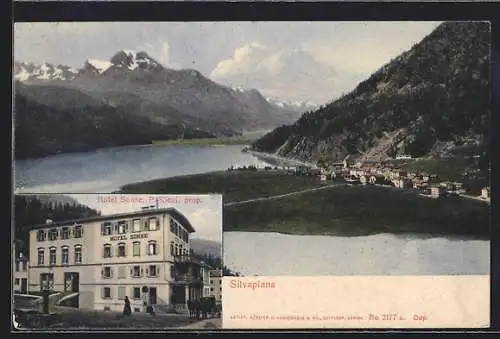 AK Silvaplana, Hotel Sonne, Blick auf das Dorf und den See