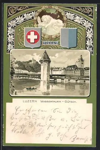 Passepartout-Lithographie Luzern, Wasserthurm - Gütsch, Wappen