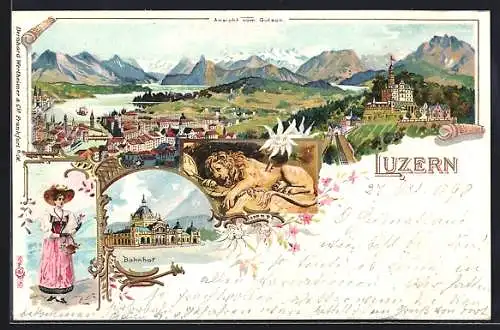 Lithographie Luzern, Bahnhof, Ansicht vom Gütsch, Luzernerin in Tracht