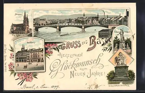 Lithographie Basel, Münster, Rathaus, Denkmal der Stadt Strassburg, St. Jacobs-Denkmal