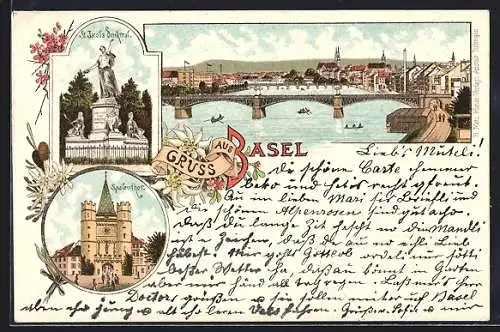 Lithographie Basel, St. Jakobs Denkmal, Spalentor, Ortsansicht