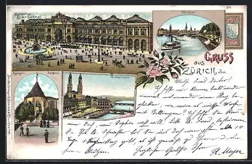 Lithographie Zürich, Bahnhof und Escher-Denkmal, Zwingli-Denkmal, Uto-Quai