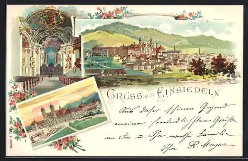 Lithographie Einsiedeln, Ortsansicht, Kirche von aussen und innen