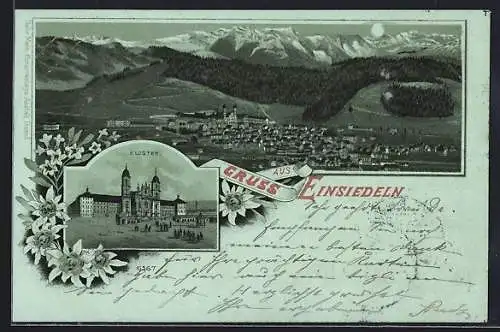 Mondschein-Lithographie Einsiedeln, Kloster, Ortsansicht aus der Vogelschau