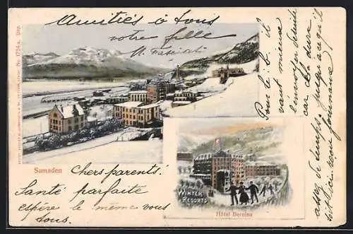 AK Samaden, Hotel Bernina, Winterlandschaft mit Gebirgszug