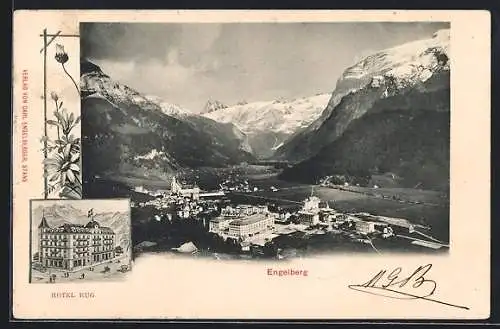 AK Engelberg, Totalansicht mit Gebirgspanorama, Hotel Hug