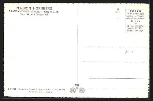 AK Saanenmöser /M. O. B., Pension Hornberg, Bes. Fam. W. von Siebenthal