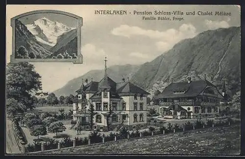 Künstler-AK Interlaken, Pension Schloss-Villa und Chalet Melèze