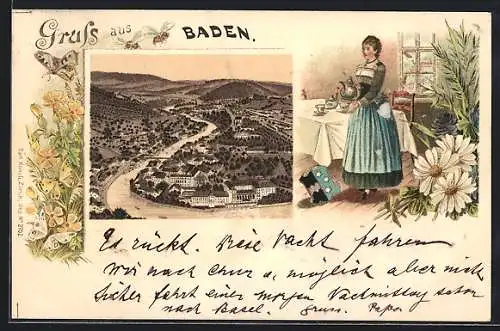 Lithographie Baden, Ortsansicht aus der Vogelschau, Frau in Tracht