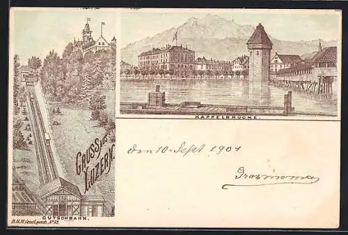Lithographie Luzern, Gütschbahn, Kappelbrücke