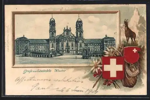 Passepartout-Lithographie Einsiedeln, Kloster mit Wappen & Gemse