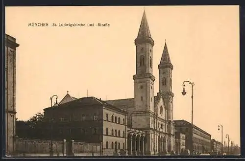 AK München, St. Ludwigskirche und -Strasse