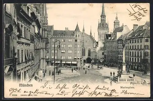 AK München, Marienplatz mit Denkmal