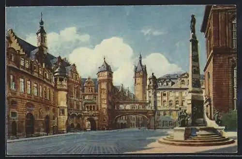 Künstler-AK Alt-Frankfurt, Neues Rathaus und Einheits-Denkmal am Paulsplatz