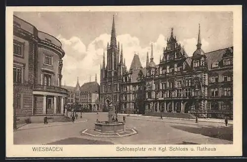 AK Wiesbaden, Schlossplatz mit Königlichem Schloss und Rathaus