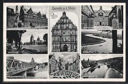 AK Hameln, Hochzeitshaus, Münster, Weserbrücke und Rattenfänger-Uhr