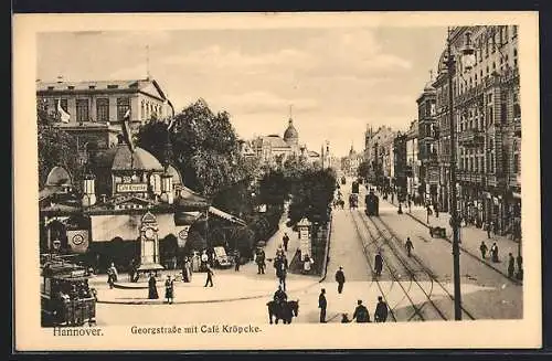 AK Hannover, Georgstrasse mit Café Kröpcke und Strassenbahn