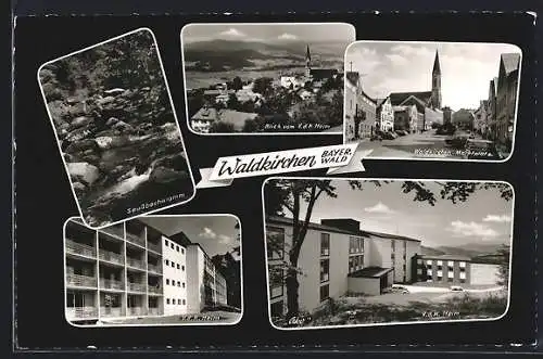 AK Waldkirchen /Bayer. Wald, V. d. K. Heim, Saussbachklamm, Marktplatz mit Kirche