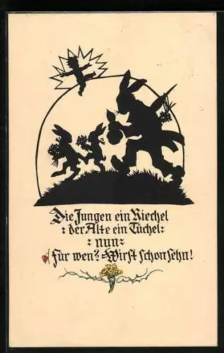 Künstler-AK Georg Plischke: Osterhase und seine Helfer bringen Geschenke, Scherenschnitt