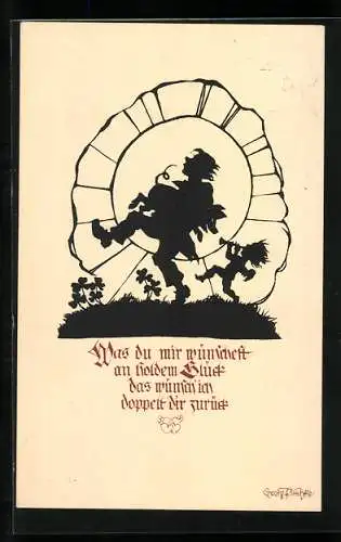 Künstler-AK Georg Plischke: Knabe mit Schwein im Arm begleitet von kleiner Elfe