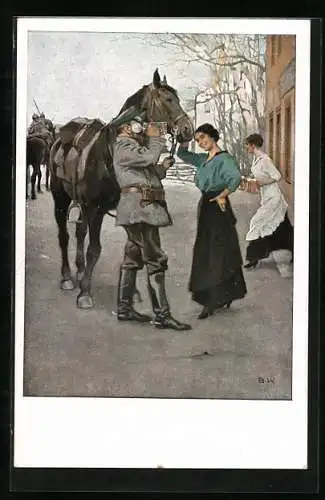 Künstler-AK Brynolf Wennerberg: Ein frischer Trunk am Gasthaus, Soldat mit Pferd