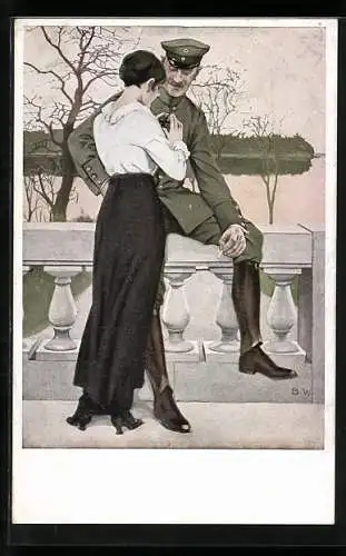 Künstler-AK Brynolf Wennerberg: Frau bewundert eisernes Kreuz eines Soldaten mit Zigarette in der Hand