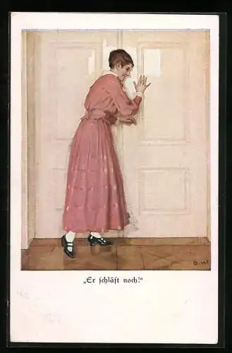Künstler-AK Brynolf Wennerberg: Frau in schönen Kleid lauscht an einer Tür