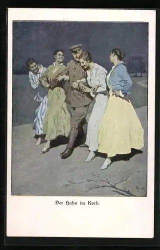 Künstler-AK Brynolf Wennerberg: Soldat in Begleitung von vier Damen, flanierend auf Strandpromenade