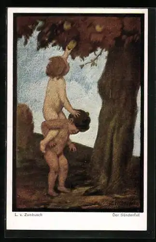 Künstler-AK Ludwig von Zumbusch: Der Sündenfall, zwei nackte Buben pflücken einen Apfel vom Baum