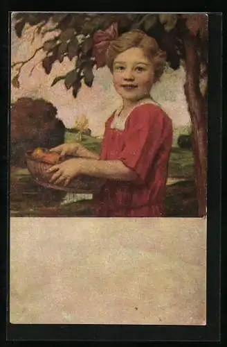 Künstler-AK Ludwig von Zumbusch: Mädchen in rotem Kleid mit Obstkorb, Herzliche Segenswünsche