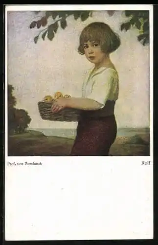 Künstler-AK Ludwig von Zumbusch: Rolf, kleiner Junge mit Kücken im Korb