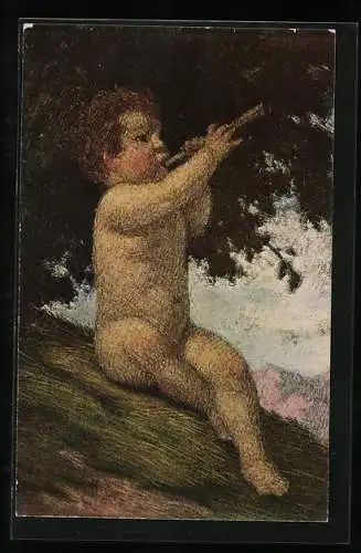 Künstler-AK Ludwig von Zumbusch: Ein schelmisch Lied, Kleiner Junge spielt die Flöte