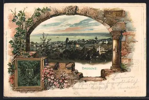 Lithographie Bregenz, Panoramablick auf Stadt und See